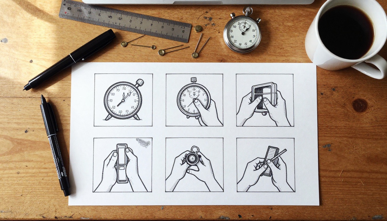 Top-down flat lay of nine storyboard cards, a stopwatch and a coffee cup on a wooden desk