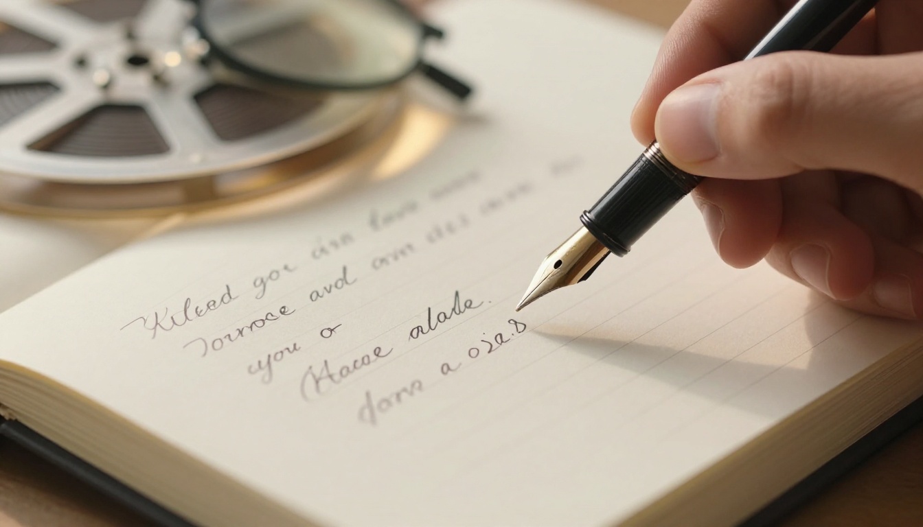 A hand with a fountain pen writing a shot list in a notebook beside a brass film reel