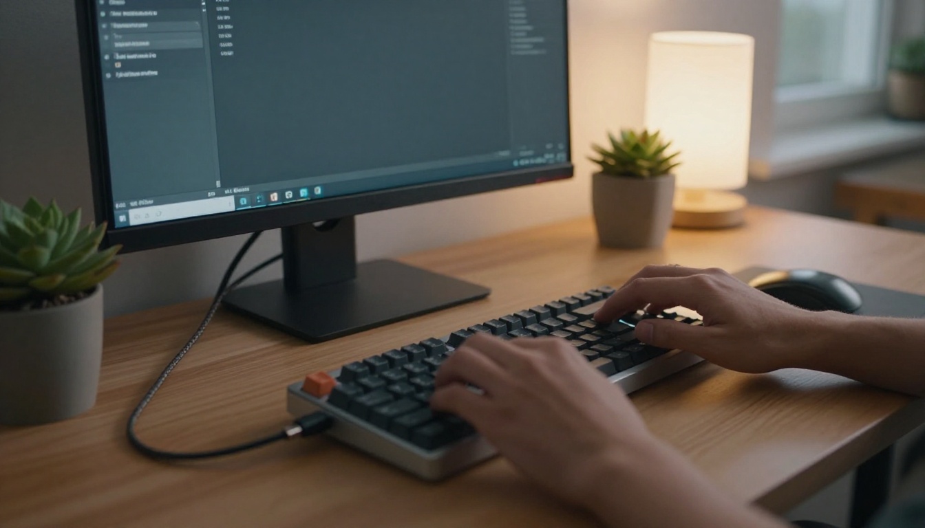 A developer's hands typing at a dim home office desk with a small succulent nearby
