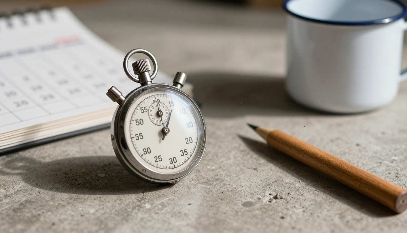 A vintage stopwatch beside a clapperboard on a concrete workbench