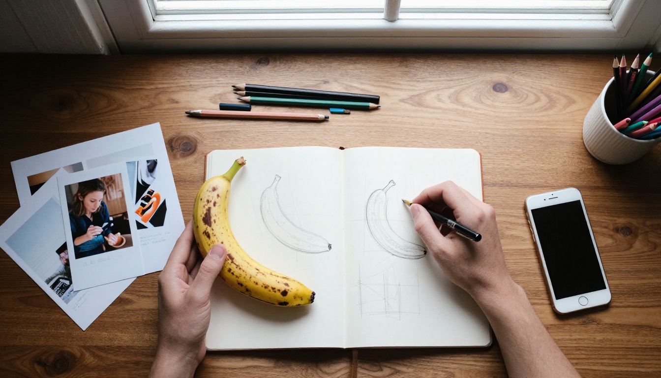 Overhead view of a designer's desk with a ripe banana, an open sketchbook and printed contact sheets