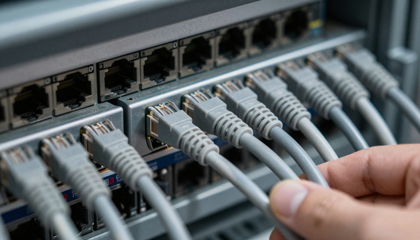 Close-up of grey ethernet cables plugged into a patch panel while one hand adjusts a cable