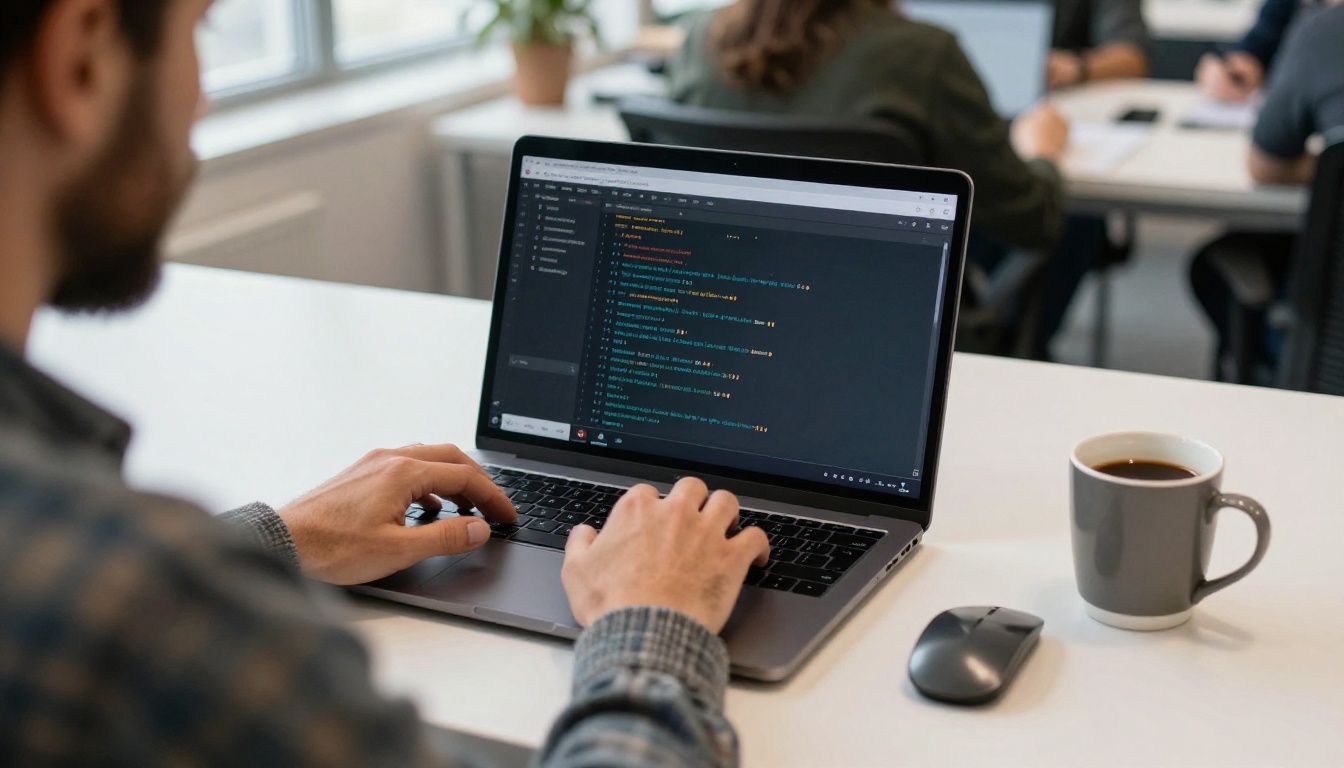 Over-the-shoulder shot of a developer typing in a dark terminal window at a coworking space