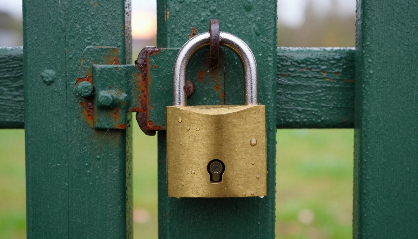Low-angle close-up of a brass padlock on a weathered green wooden gate with raindrops on the metal