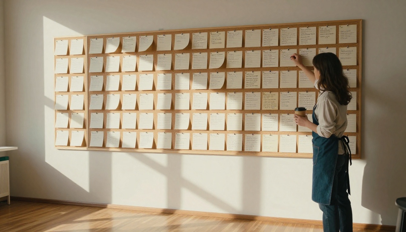 Woman in a denim apron pinning handwritten index cards to a cork board in a bright studio