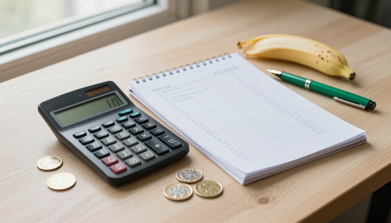 Table-level shot of a calculator, paper receipts, a notebook of pencil figures and a half-peeled banana