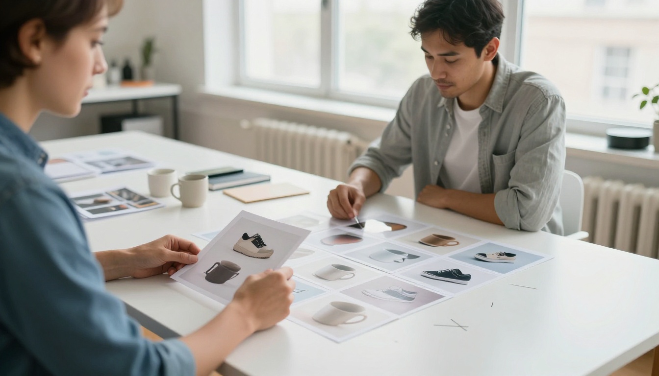 Two product designers arranging printed photographs of mugs and sneakers on a white worktable