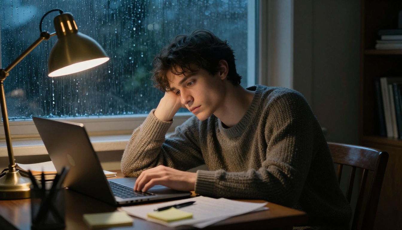 Young man leaning back in a wooden chair with a hand on his chin, studying a laptop by lamp light