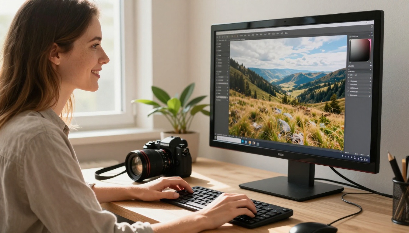 Smiling woman photographer in a sunlit studio looking at a large monitor showing an unfinished landscape photo