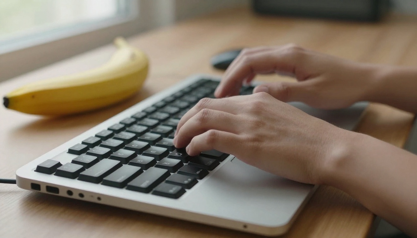 Hands typing on a laptop beside a ripe banana on a wooden desk in soft window light