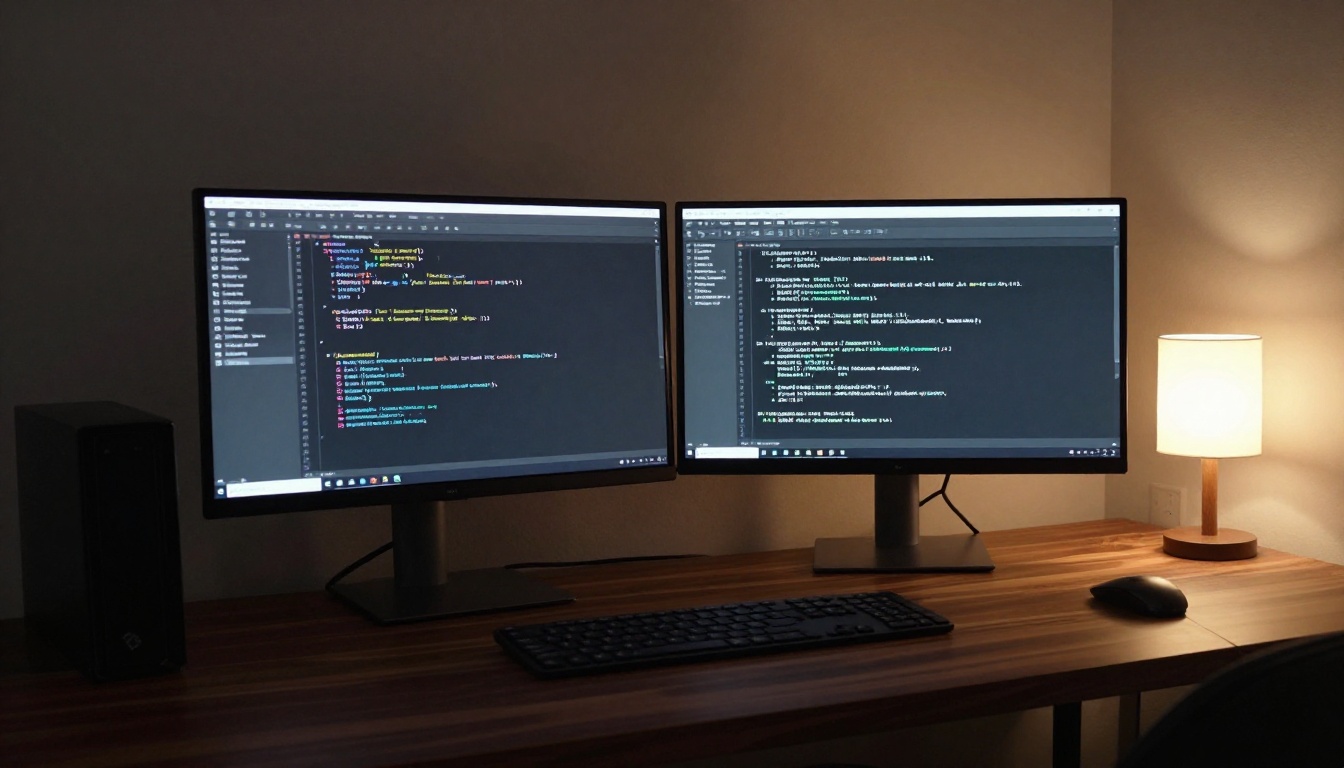 Two monitors on a dark walnut desk, one showing a code editor and one a terminal, lit by a warm desk lamp