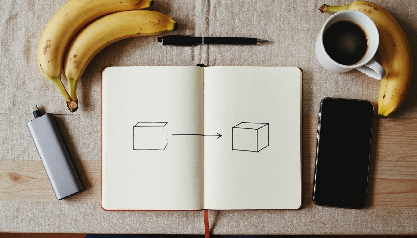 Open notebook with a hand drawn diagram of two connected boxes beside a banana and a cup of espresso