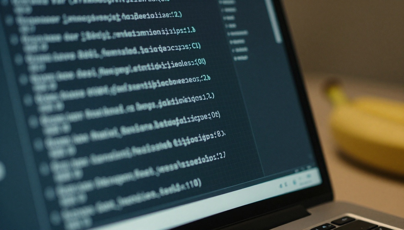 Laptop screen at an angle showing blurred lines of configuration text in a dark editor