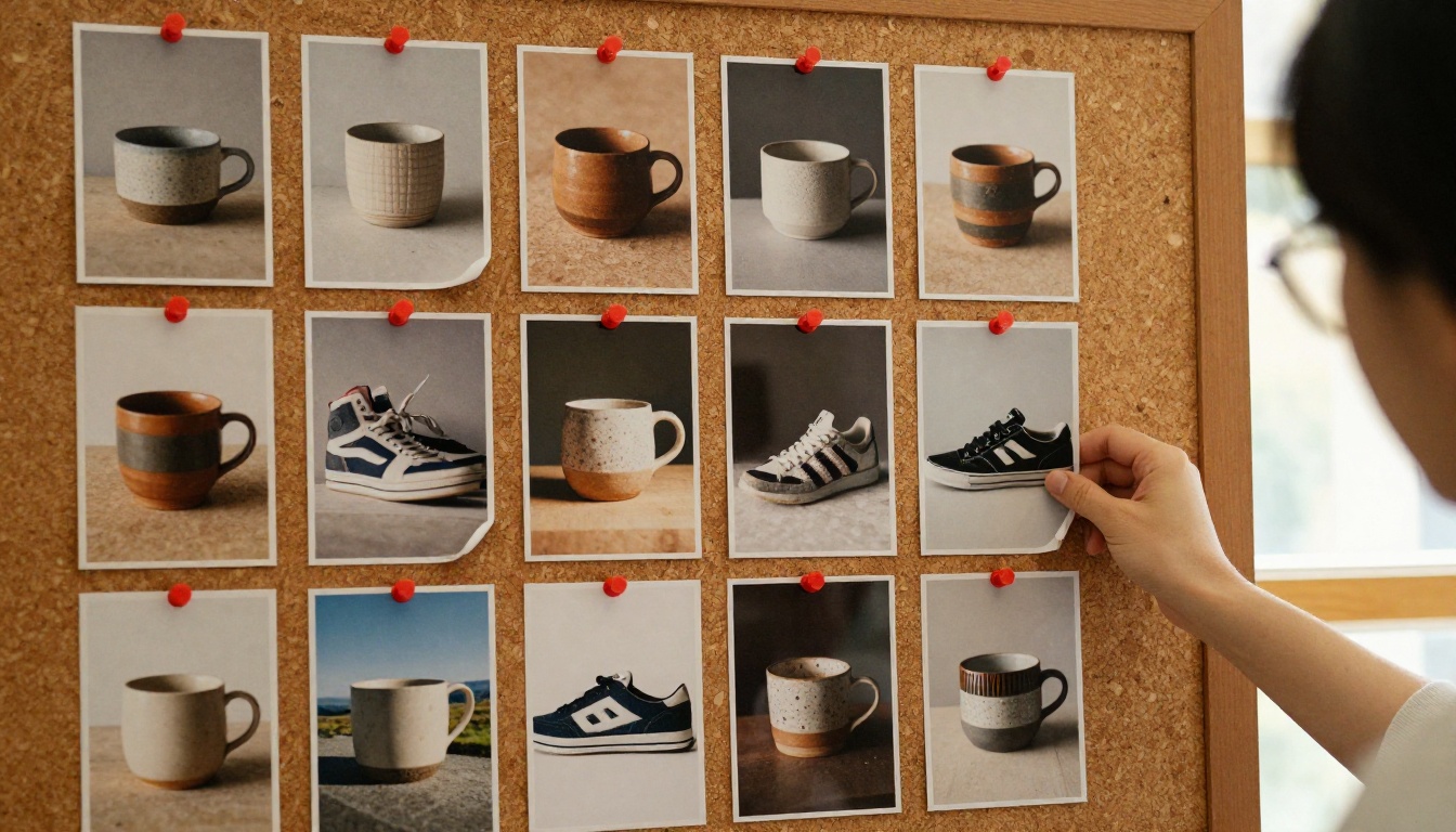 Corkboard wall pinned with printed photographs of ceramic mugs, sneakers and landscapes