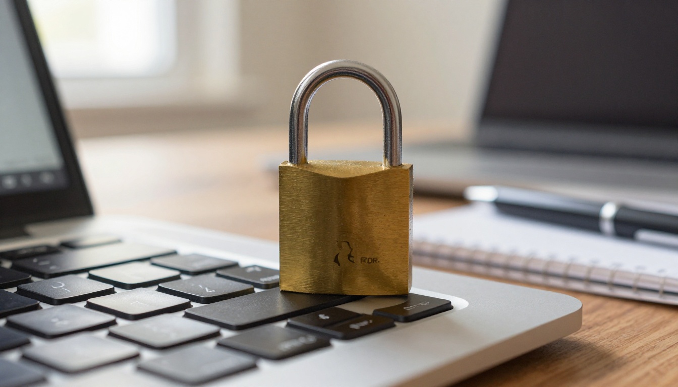 Brass padlock resting on a laptop beside a small notepad and a pen