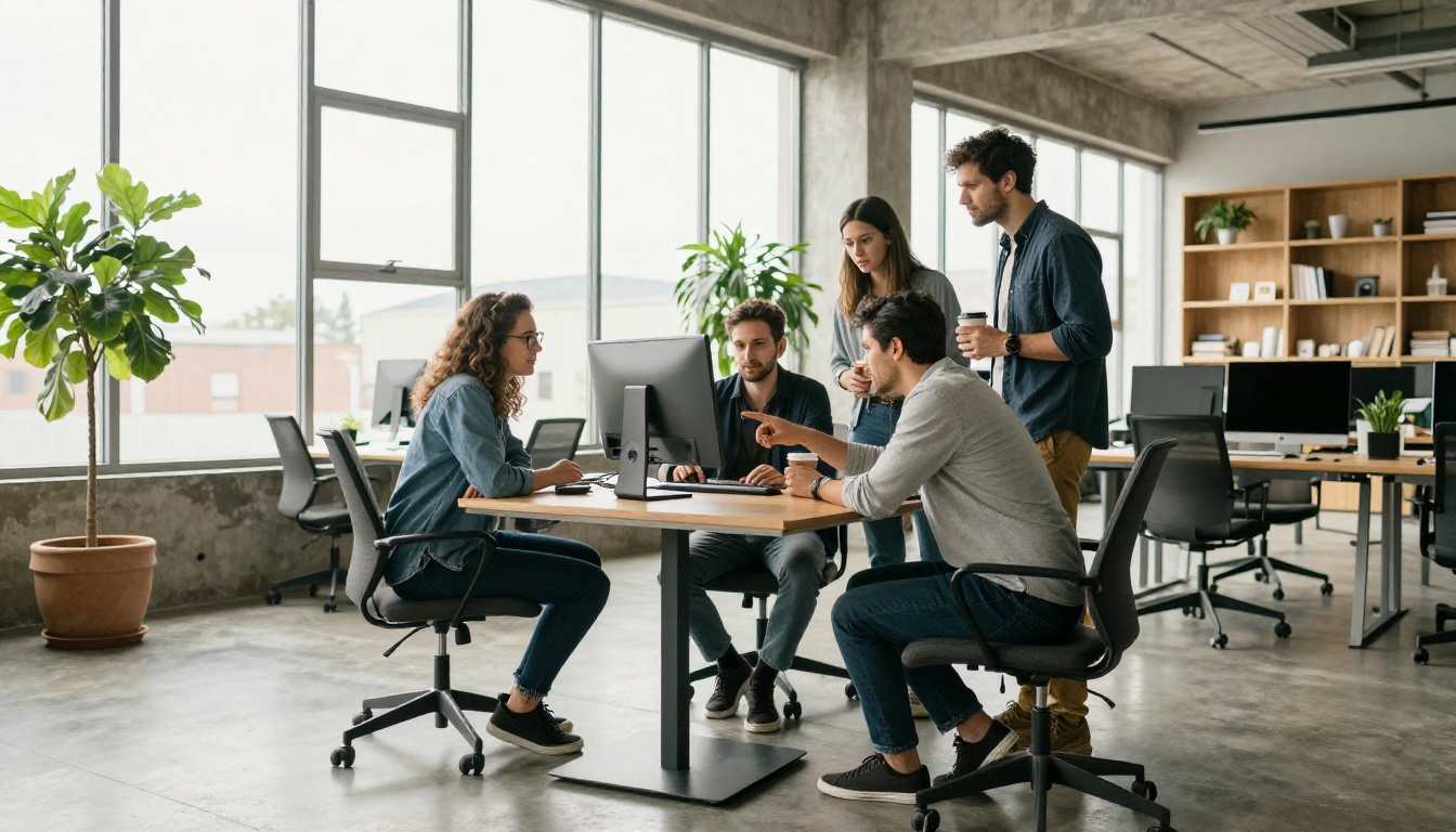 Three colleagues in a bright coworking space gathered around a single monitor