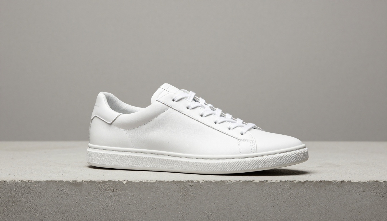 White leather sneaker on a pale concrete block against a warm grey studio backdrop