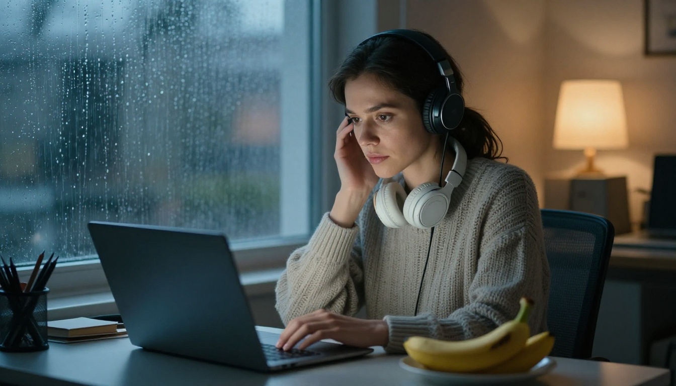A developer at a rainy window desk in the evening with a laptop and a half eaten banana on a small plate