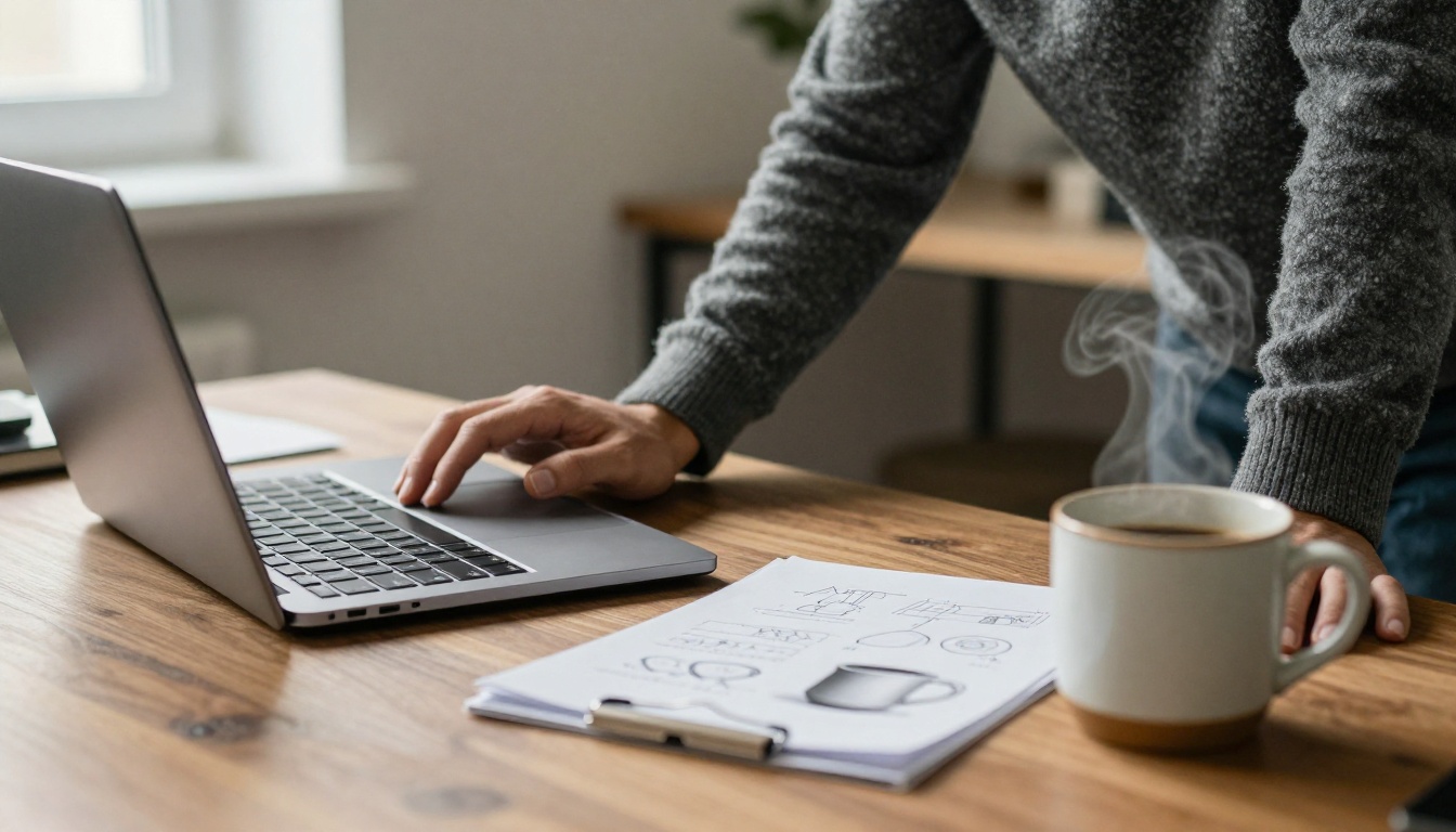 A developer at a walnut desk with a laptop, printed photos and a notebook of diagrams in morning light