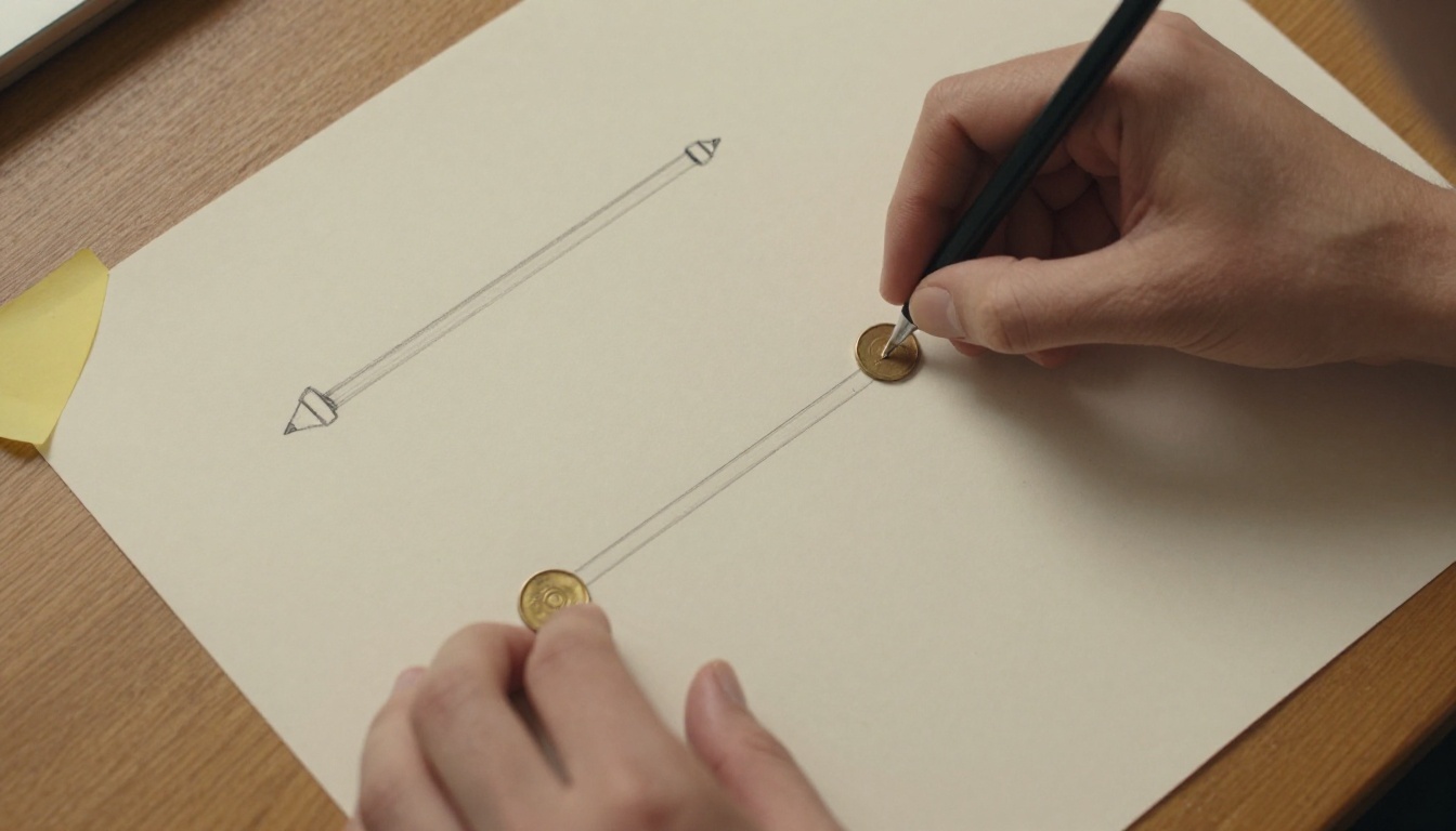 Top-down view of hands placing three brass tokens on three pencil-drawn routes