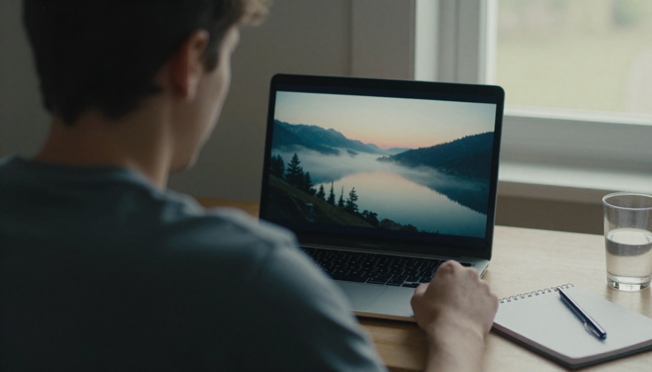 A man at a small desk watching a paused mountain lake video frame on his laptop