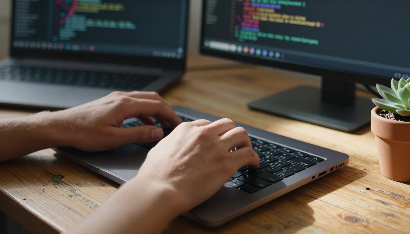 Close-up of hands typing on a laptop with a blurred code monitor behind