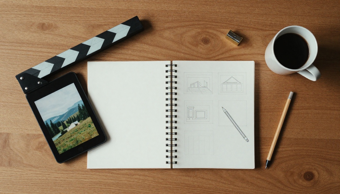 Top-down view of a desk with a clapperboard, two storyboard notebooks and a tablet showing a paused landscape frame