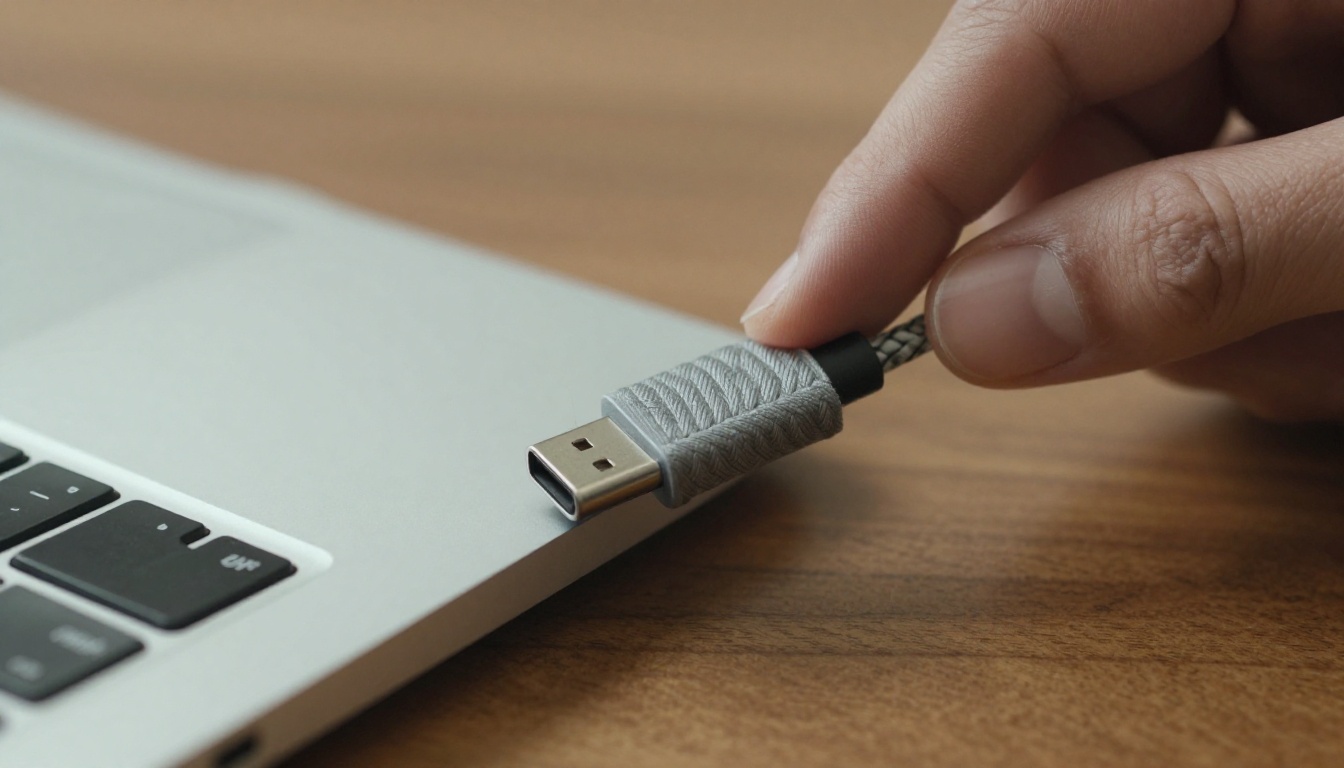 A hand plugging a braided cable into the side port of an aluminum laptop