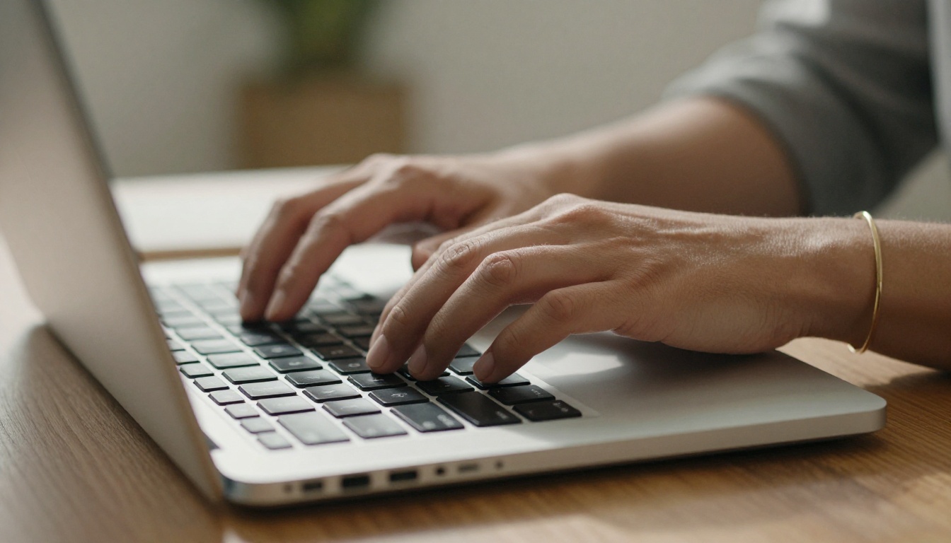Close-up of a woman's hands typing on a slim laptop in afternoon light