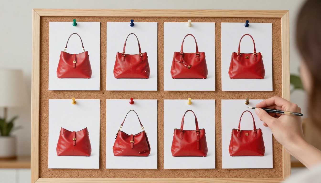 A cork board with ten printed variations of a red leather handbag in two rows
