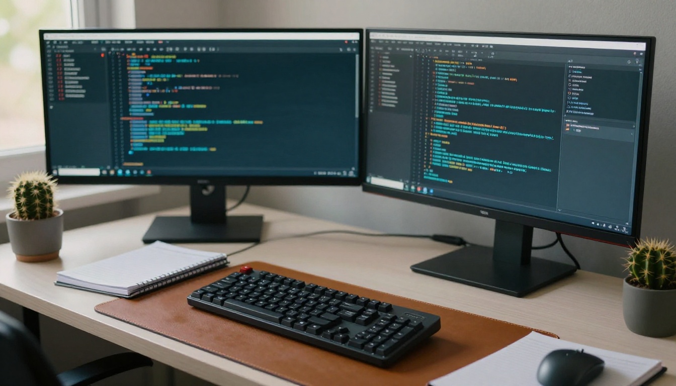 Low-angle view of a developer's desk with two monitors and a laptop at dusk