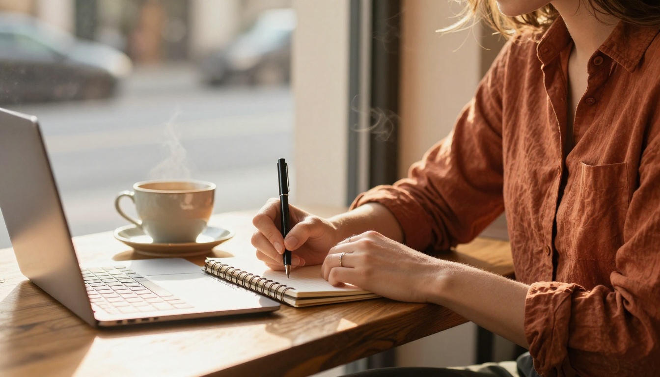 A woman writing in a notebook at a cafe window table with a laptop beside her