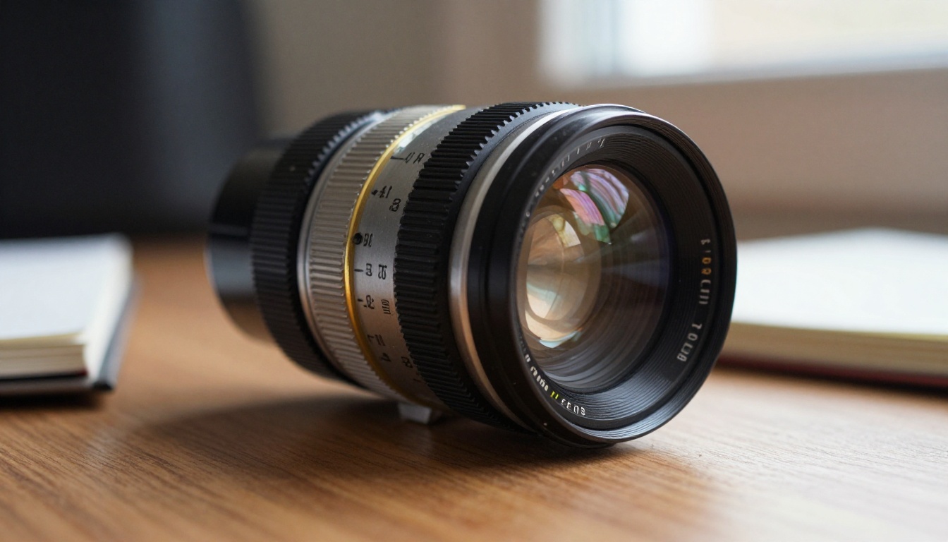 Macro close-up of a brass cinema lens resting on a walnut table
