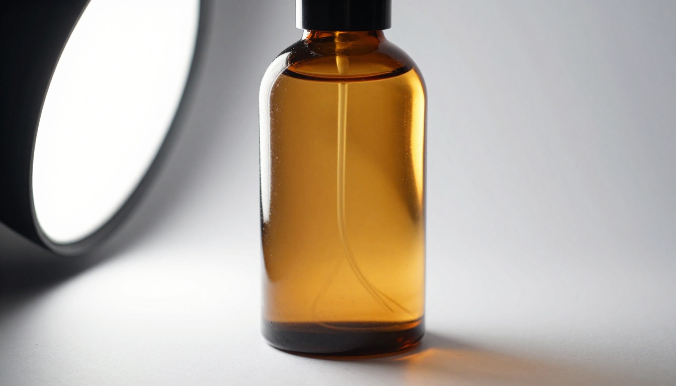 A low-angle amber glass bottle on a seamless white backdrop with a soft shadow