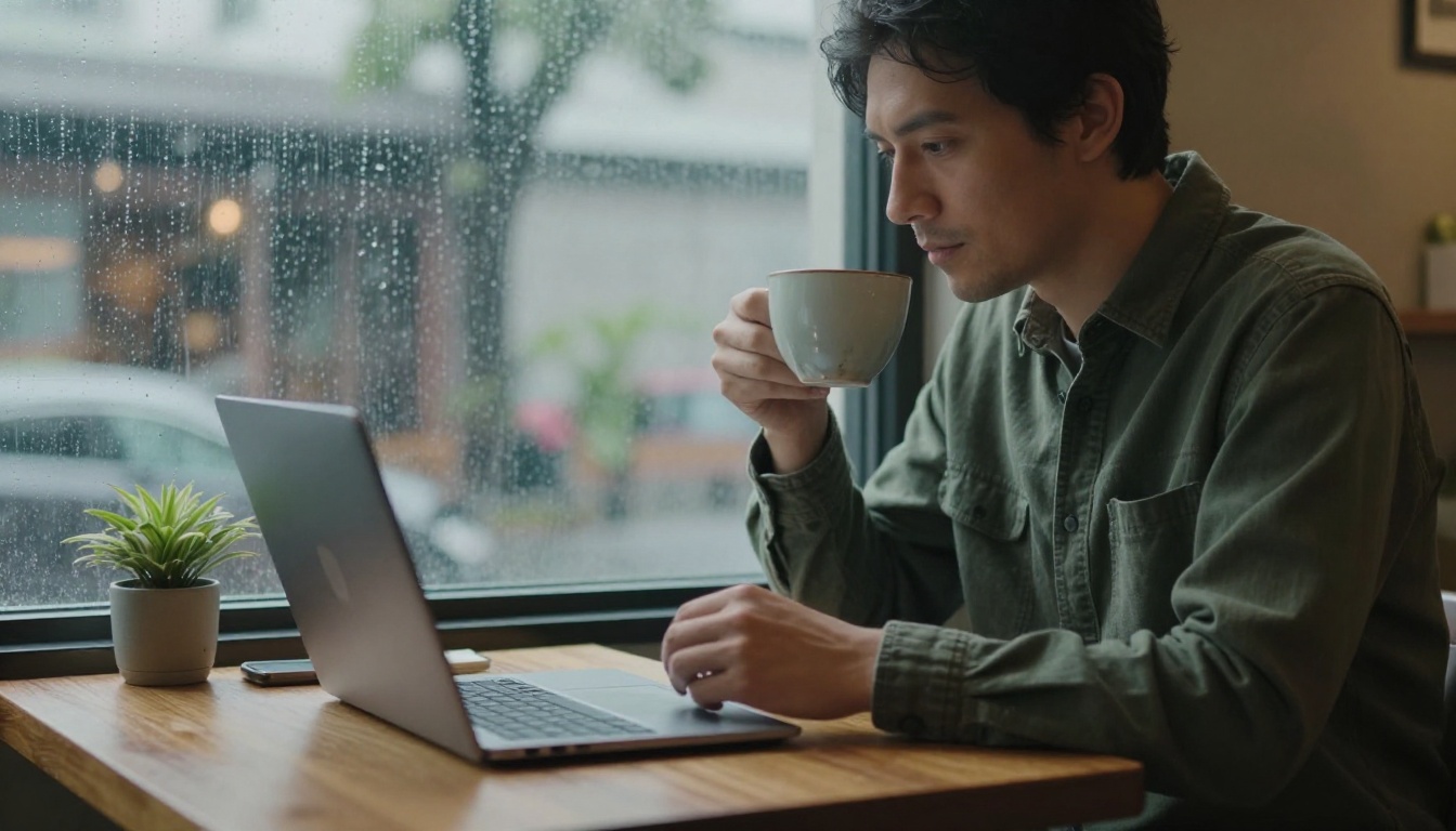 A man in a green flannel shirt waiting beside a rainy cafe window with a laptop