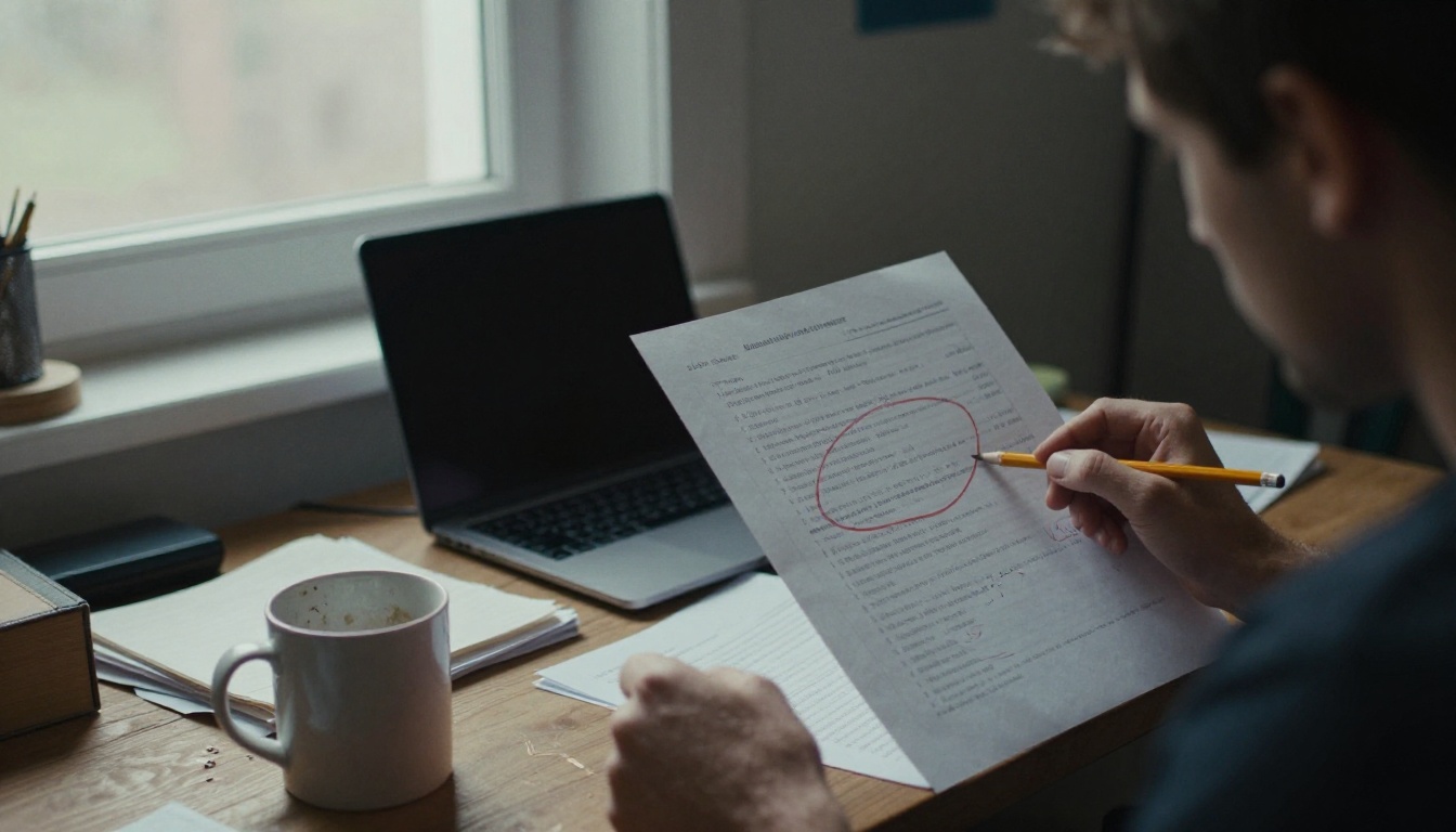 A developer pointing a pencil at a printed log sheet circled in red pen