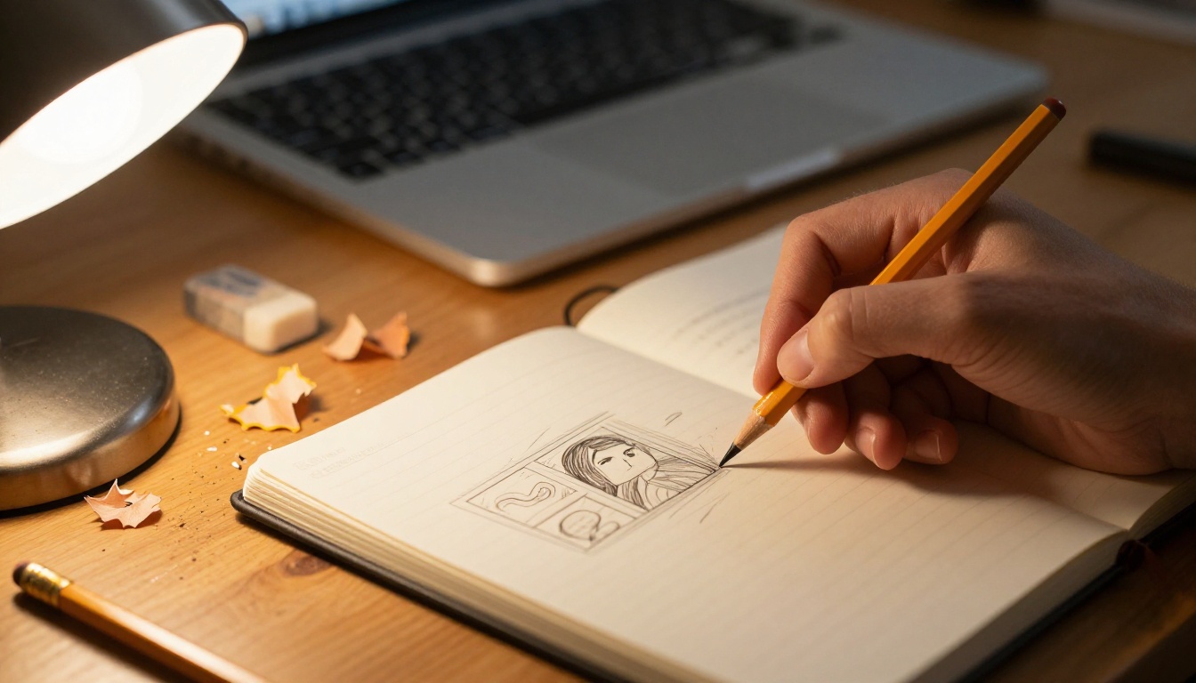 A hand sketching storyboard frames in a notebook under a warm lamp