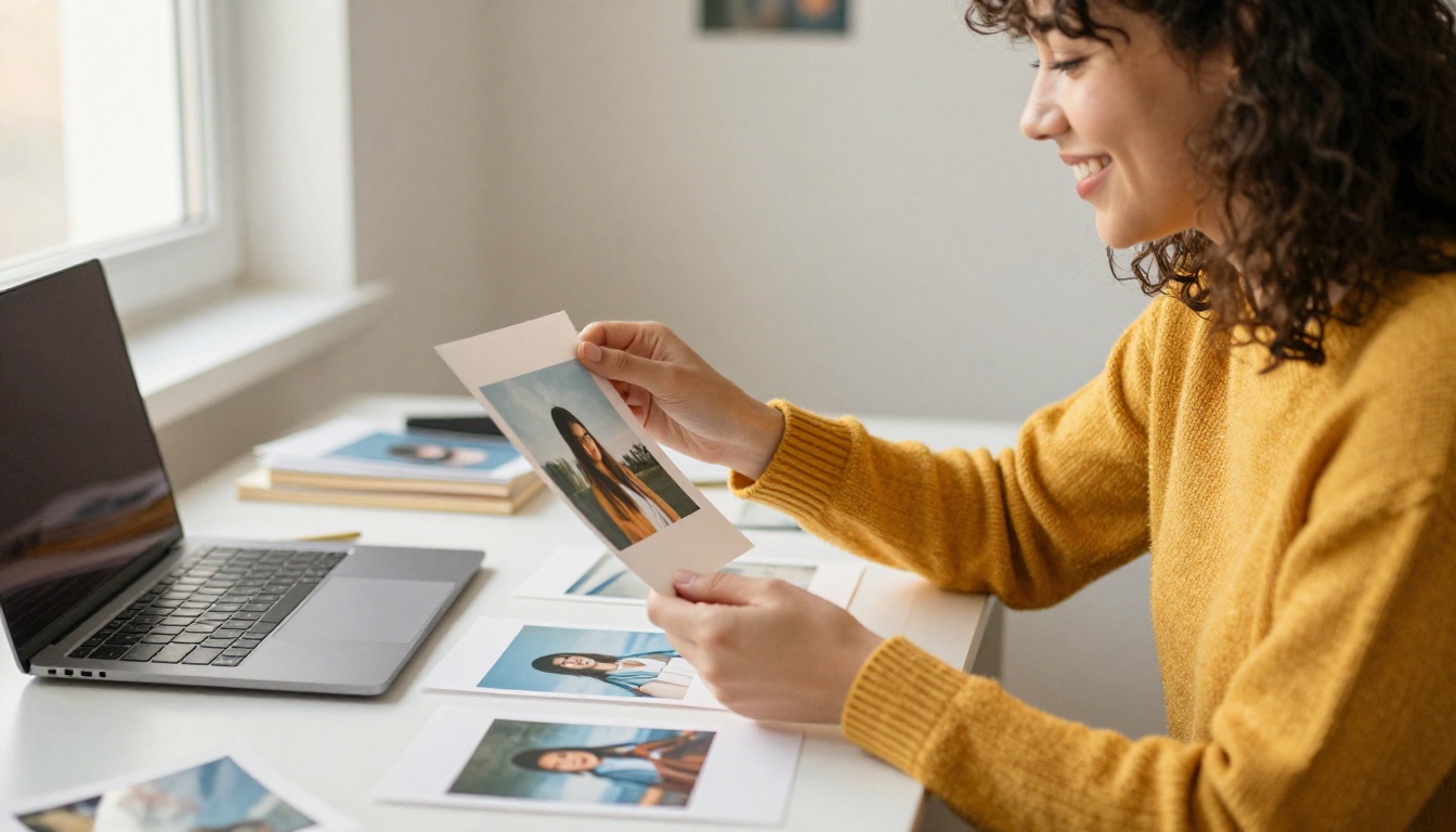 A smiling woman holding a printed photograph up to window light in a small studio