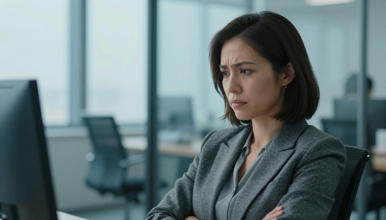A woman in a gray blazer frowning at her monitor in a glass-walled office