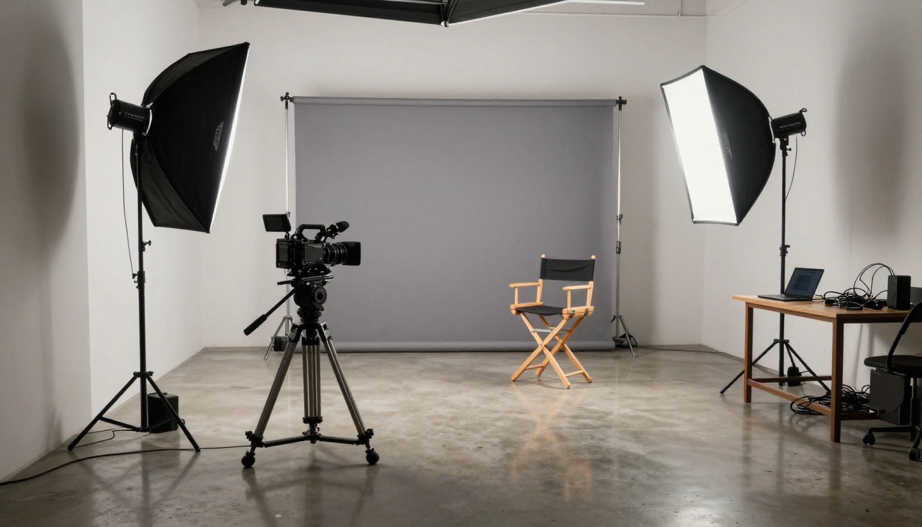A small video studio with a cinema camera on a tripod, a softbox and a director's chair