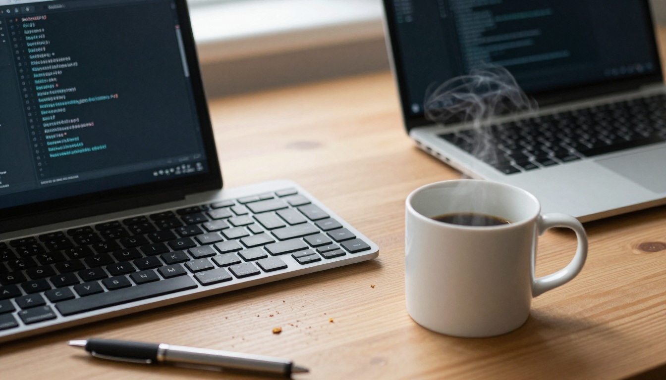 Low angle view of a laptop terminal and coffee mug on a wooden desk at morning