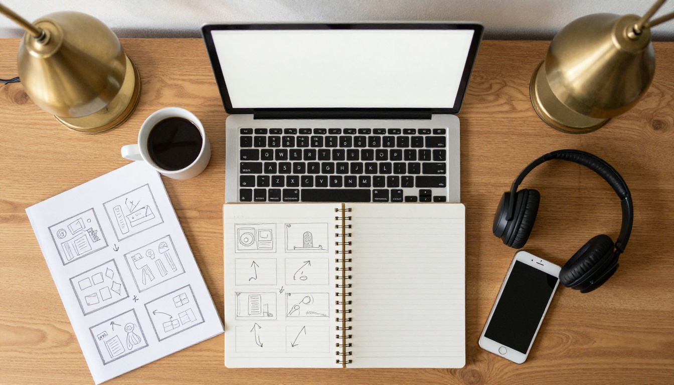 Top down view of a desk with a laptop and a notebook of hand drawn storyboard frames