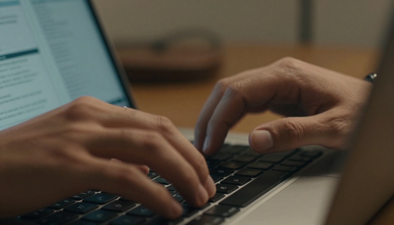 Close view of hands typing on a laptop with a dark terminal on the screen