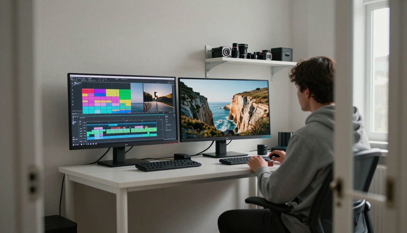 Wide view of a small video production office with an editing timeline on one monitor
