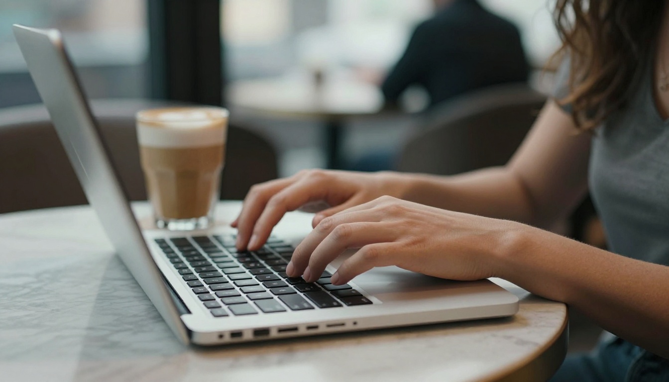 A woman typing a long video brief into a laptop at a café table
