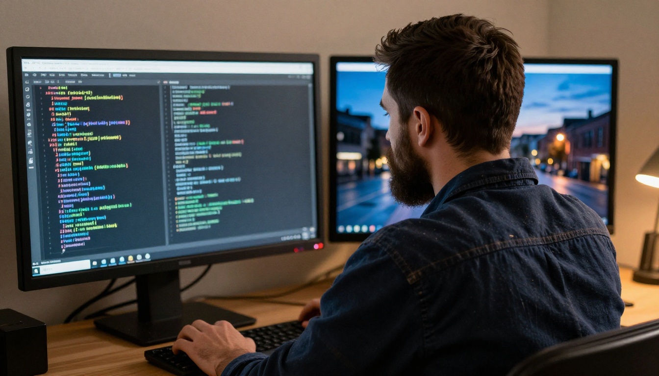 Over the shoulder view of a developer reading command output on a wide monitor