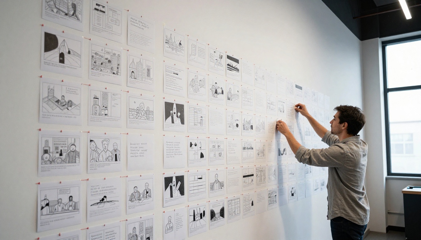 A man adjusting storyboard cards on a long studio wall