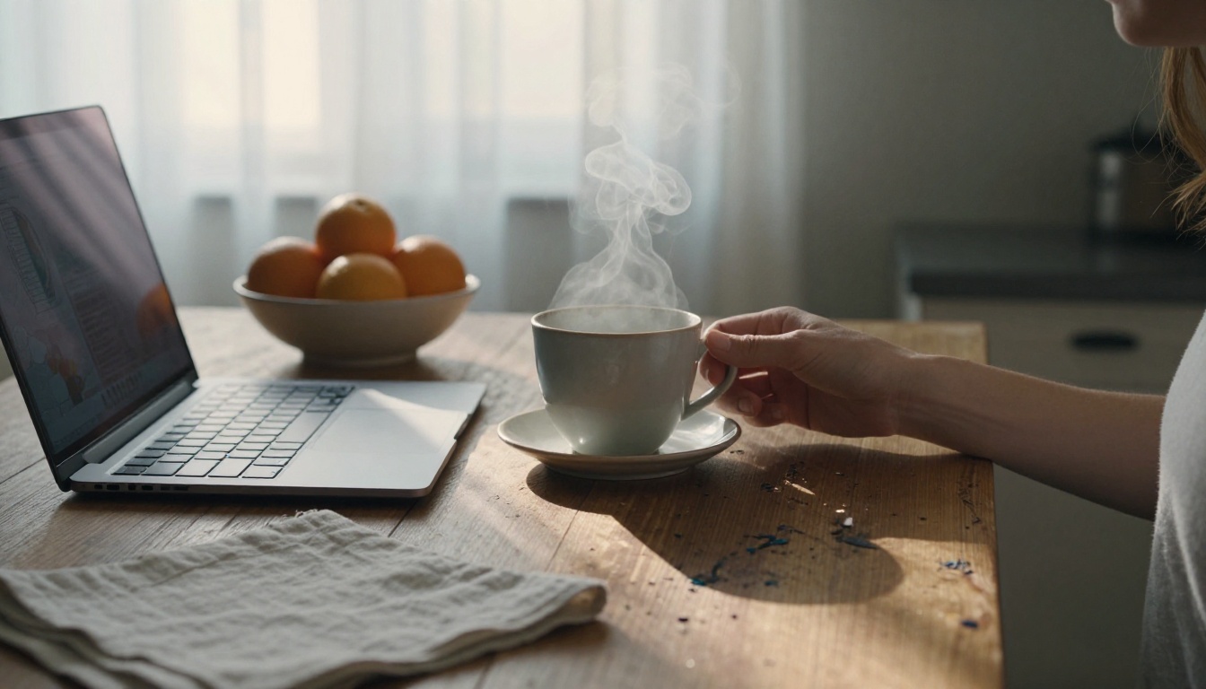 Laptop and a ceramic cup on a wooden kitchen table at dawn