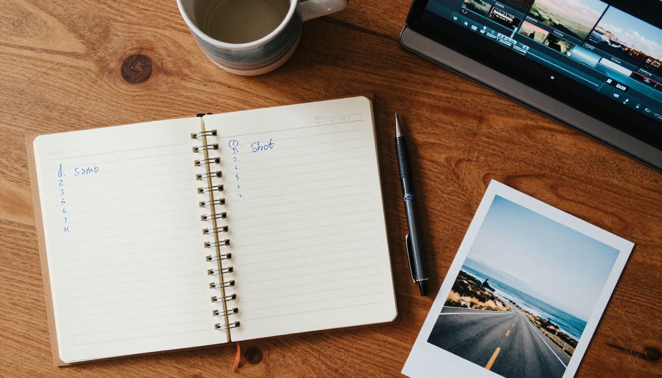 Top-down view of a desk with a handwritten shot list, notebook, and laptop