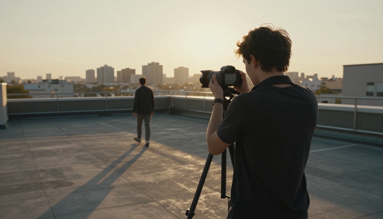 A young man filming reference footage with a camera on a tripod on a rooftop terrace
